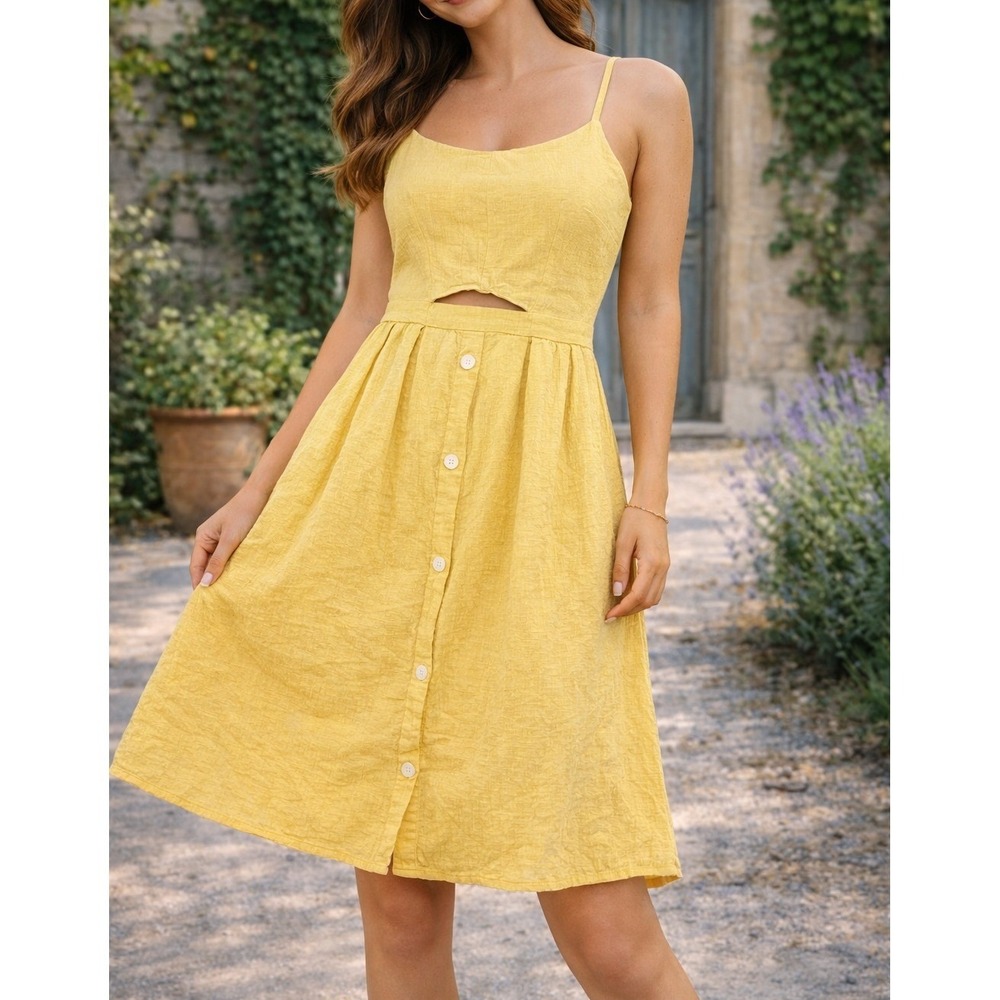 Fancyinn Mustard Yellow‎ Cutout Button Front Smocked Back Sundress Womens Medium
